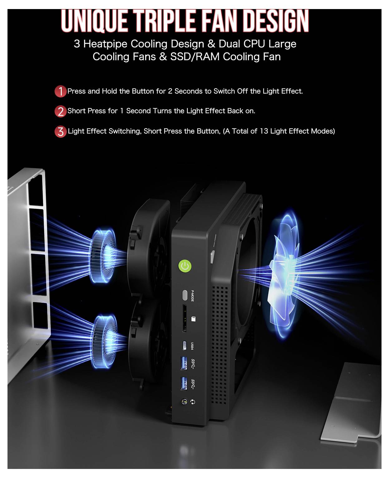 'Unique Triple Fan Design' promotional image showing a computer with dual CPU cooling fans. Instructions include light effect controls with various settings and modes.