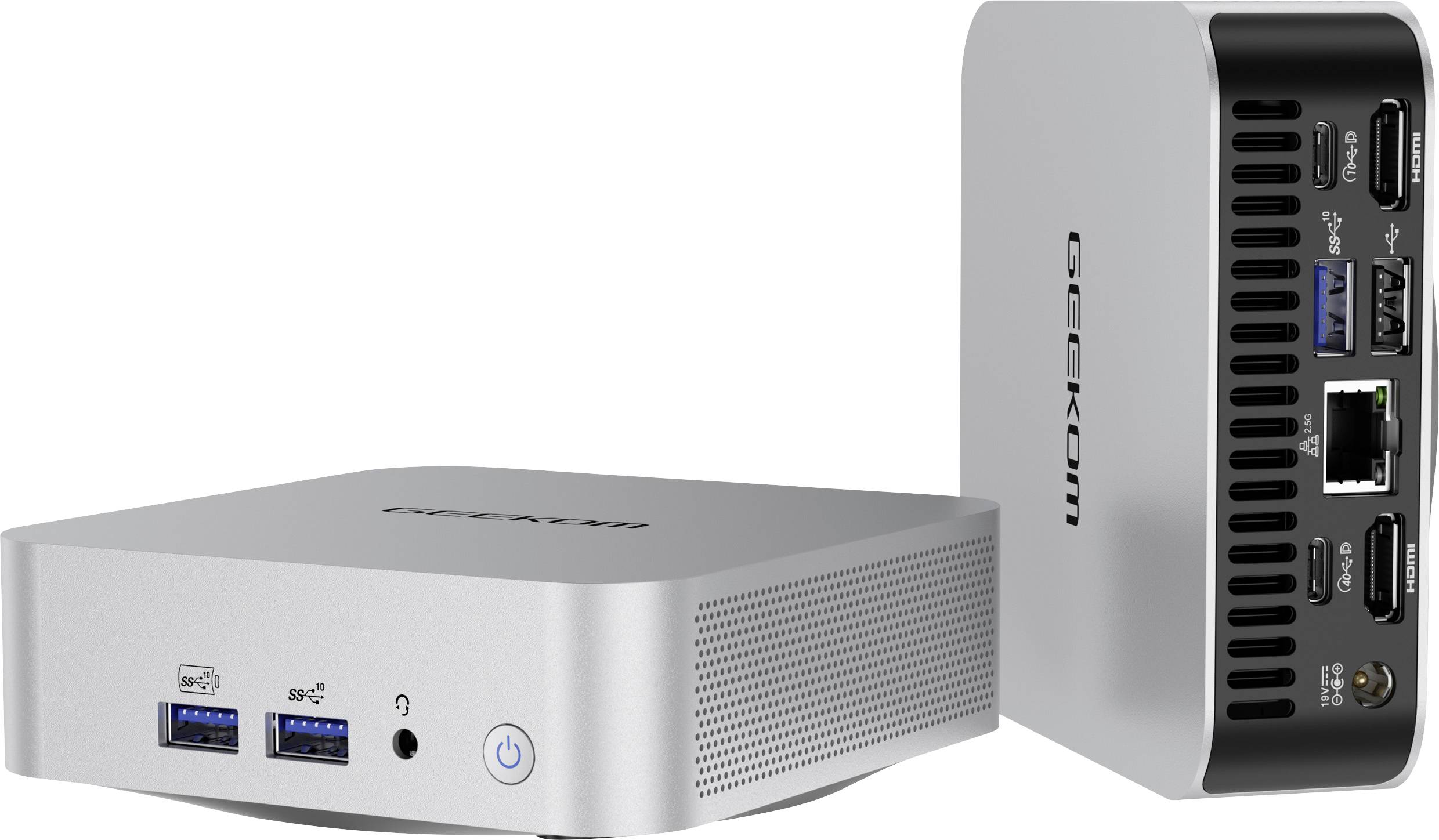 Compact, silver GEEKOM mini PC shown from front and side. Front features USB ports and power button; side displays more ports for connectivity.