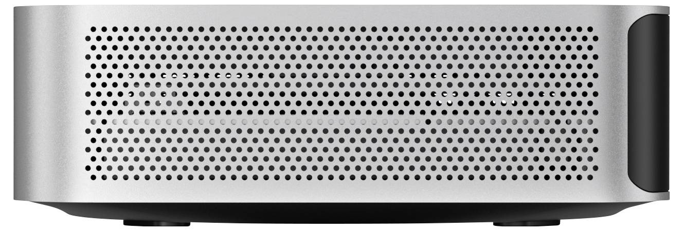 A silver rectangular device with a perforated front panel, resembling a computer or tech equipment, viewed from the front.