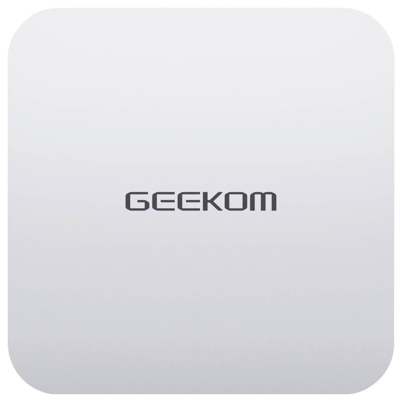 A square, white surface with the word 'GEEKOM' centered in black uppercase letters.