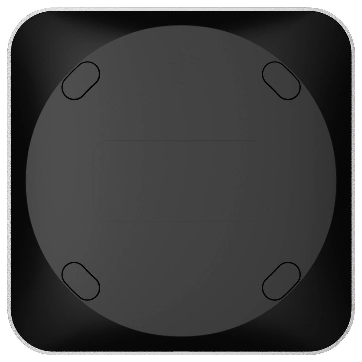 Aerial view of a black, square-shaped rubber coaster with rounded corners and circular indents at the corners.