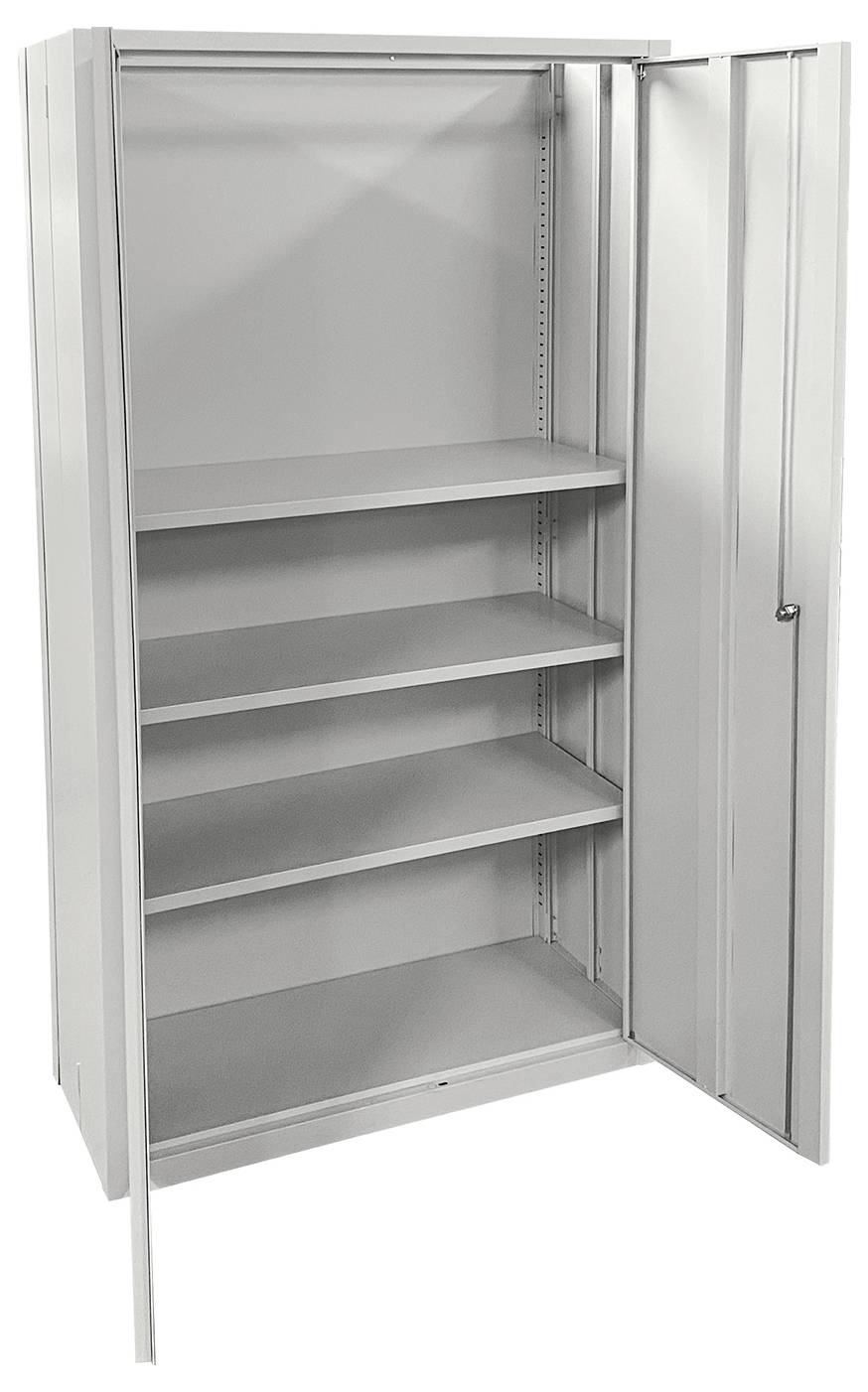 A metal storage cabinet with four shelves and an open door, suitable for organizing office supplies or tools.
