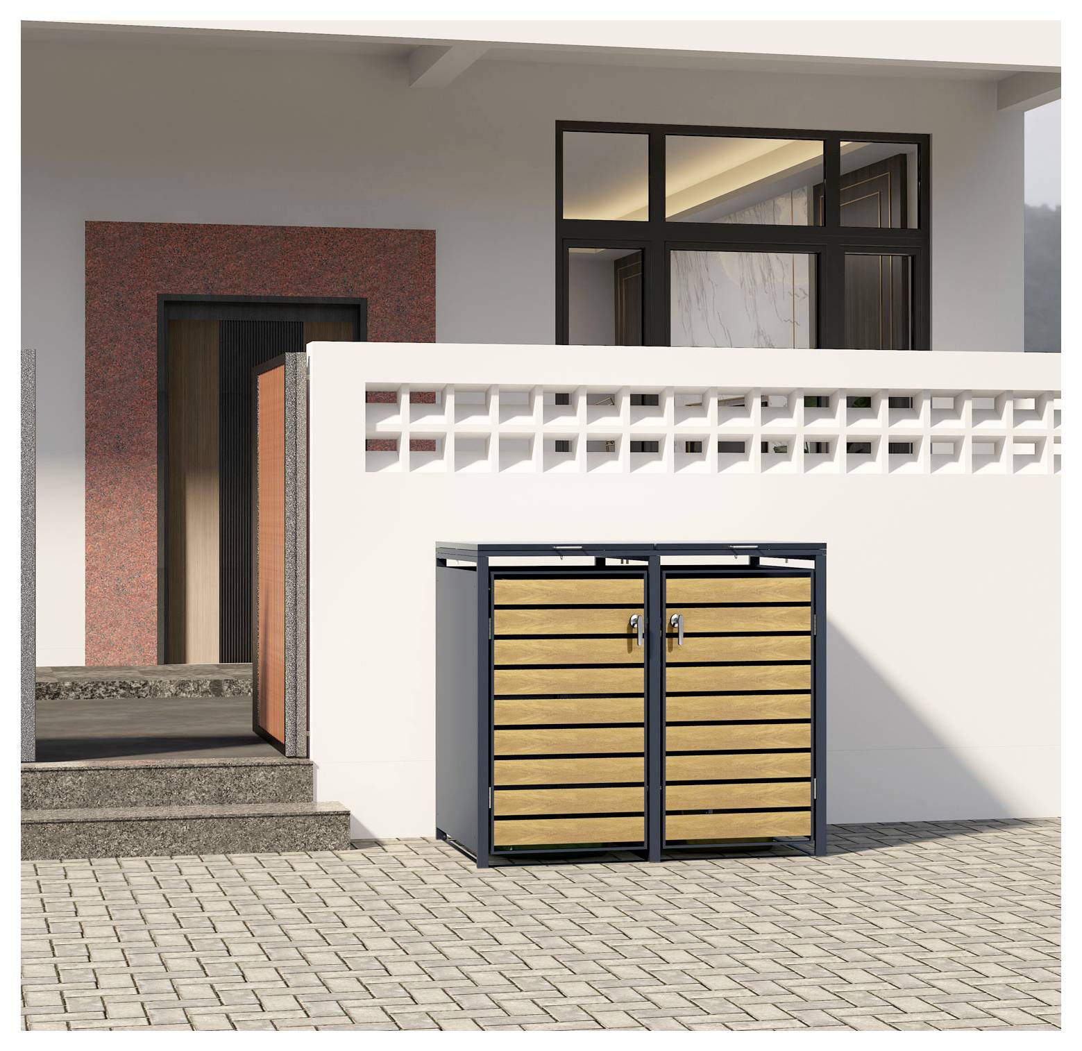 'Wood-paneled storage unit with metal frame against a white wall, near a house entrance with a brick accent wall and window.'
