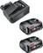 'Bosch 18V battery charger and two 2.5Ah batteries, suitable for power tools. Batteries are marked with 'Power for ALL 18V'.'