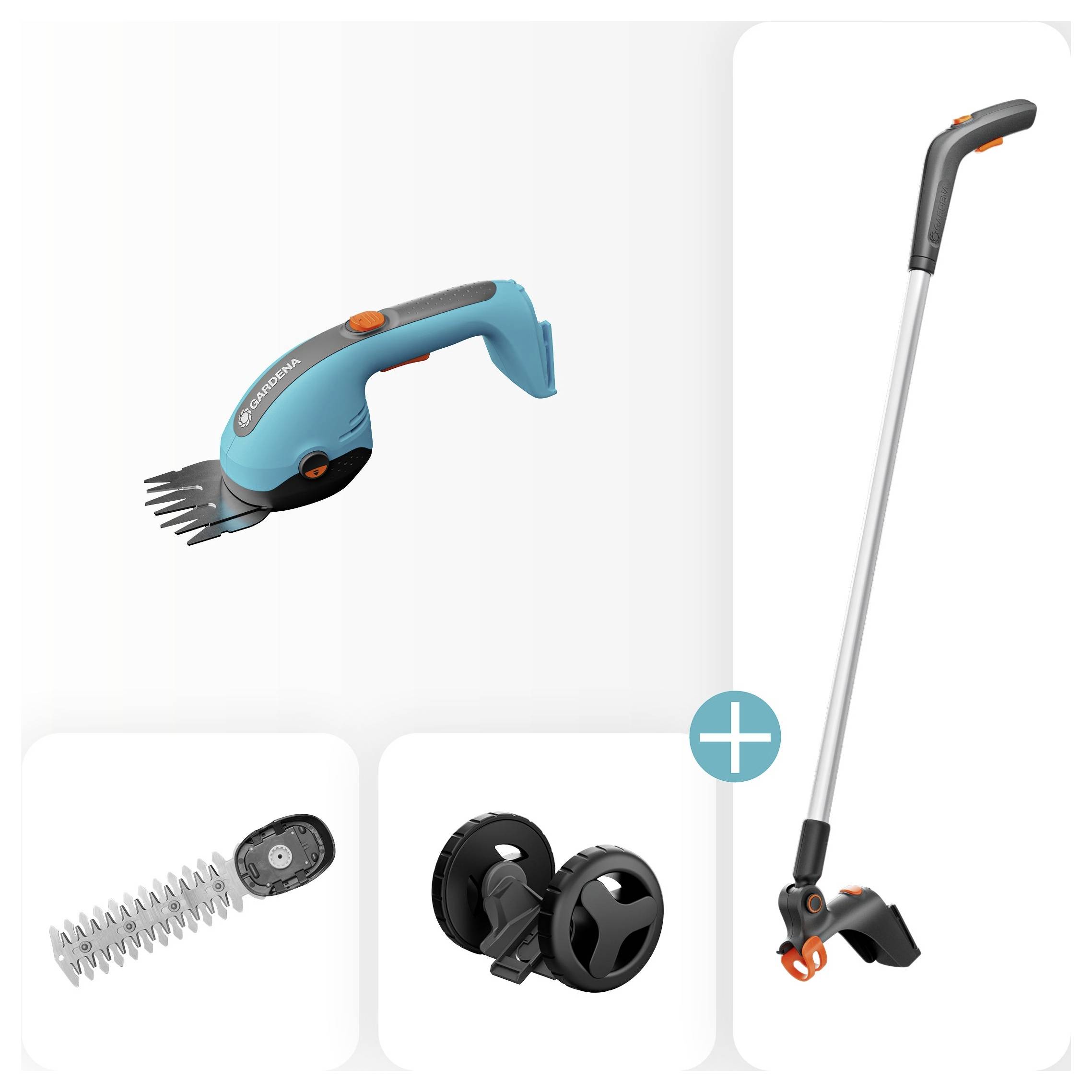 Garden tool set including a handheld grass shear, extension handle, cutting blades, and wheels for edging and trimming tasks.