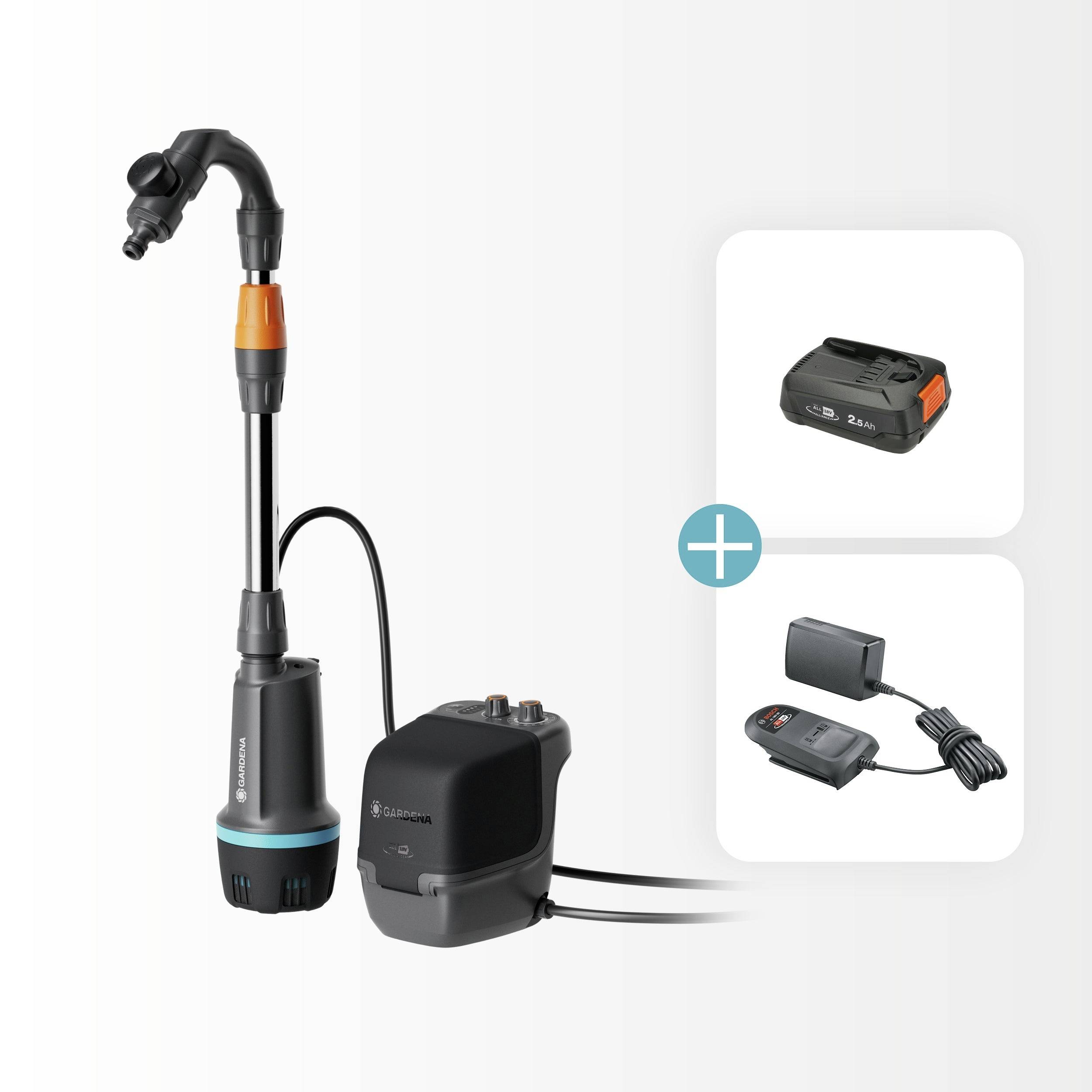 'Gardena Aquabloom Set includes a pump, control unit, solar panel, and battery. Efficient drip irrigation kit for gardens.'