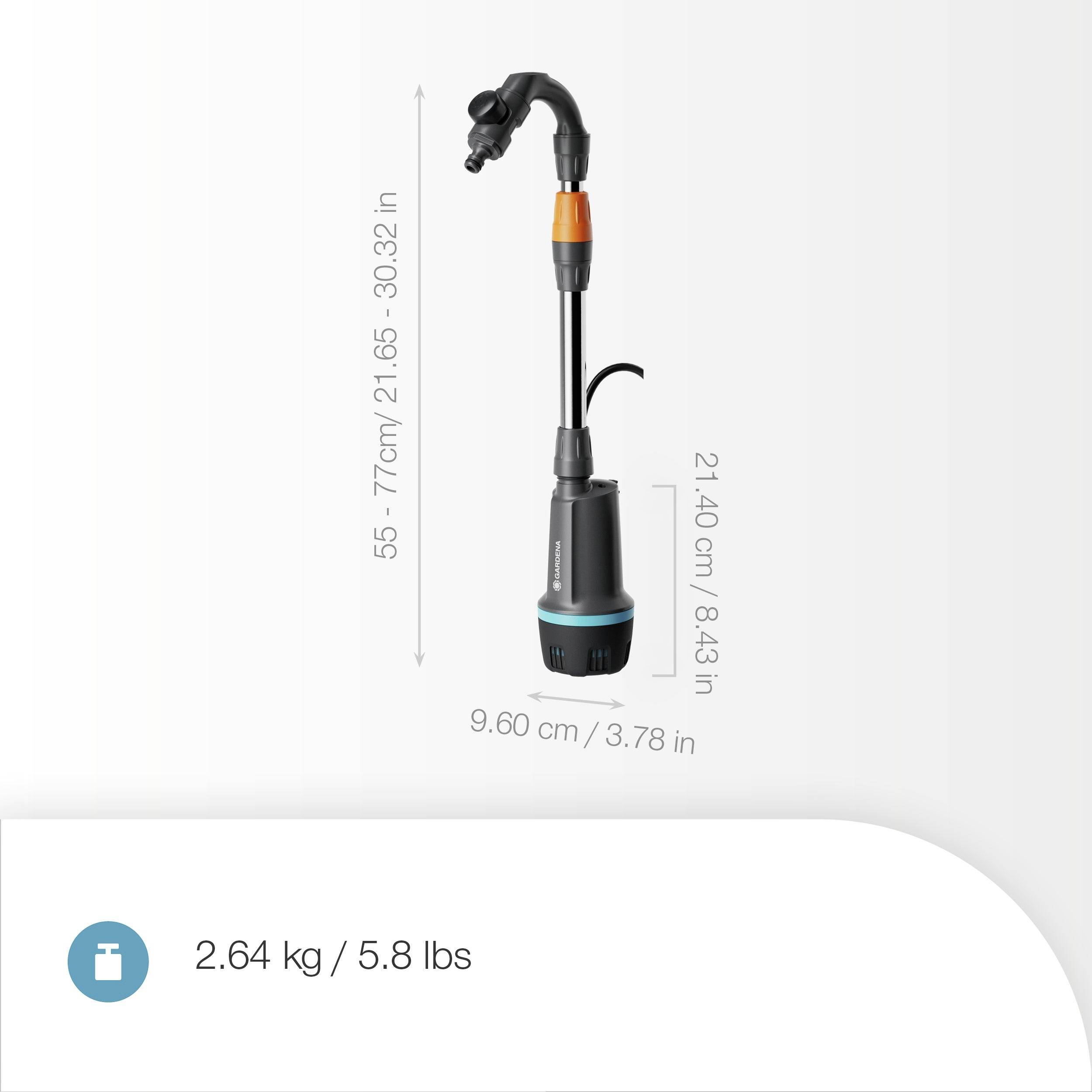 The image shows a robotic arm with dimensions: height 55.77 cm (21.96 in) to 76.92 cm (30.29 in), base diameter 9.60 cm (3.78 in), weight 2.64 kg (5.8 lbs).