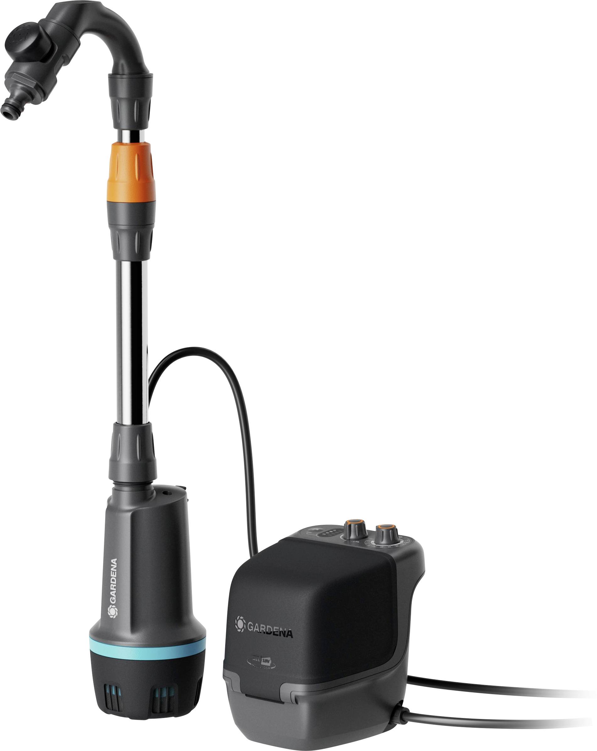 'GARDENA rainwater tank pump with adjustable nozzle and control unit, designed for easy garden irrigation. Portable and user-friendly.'