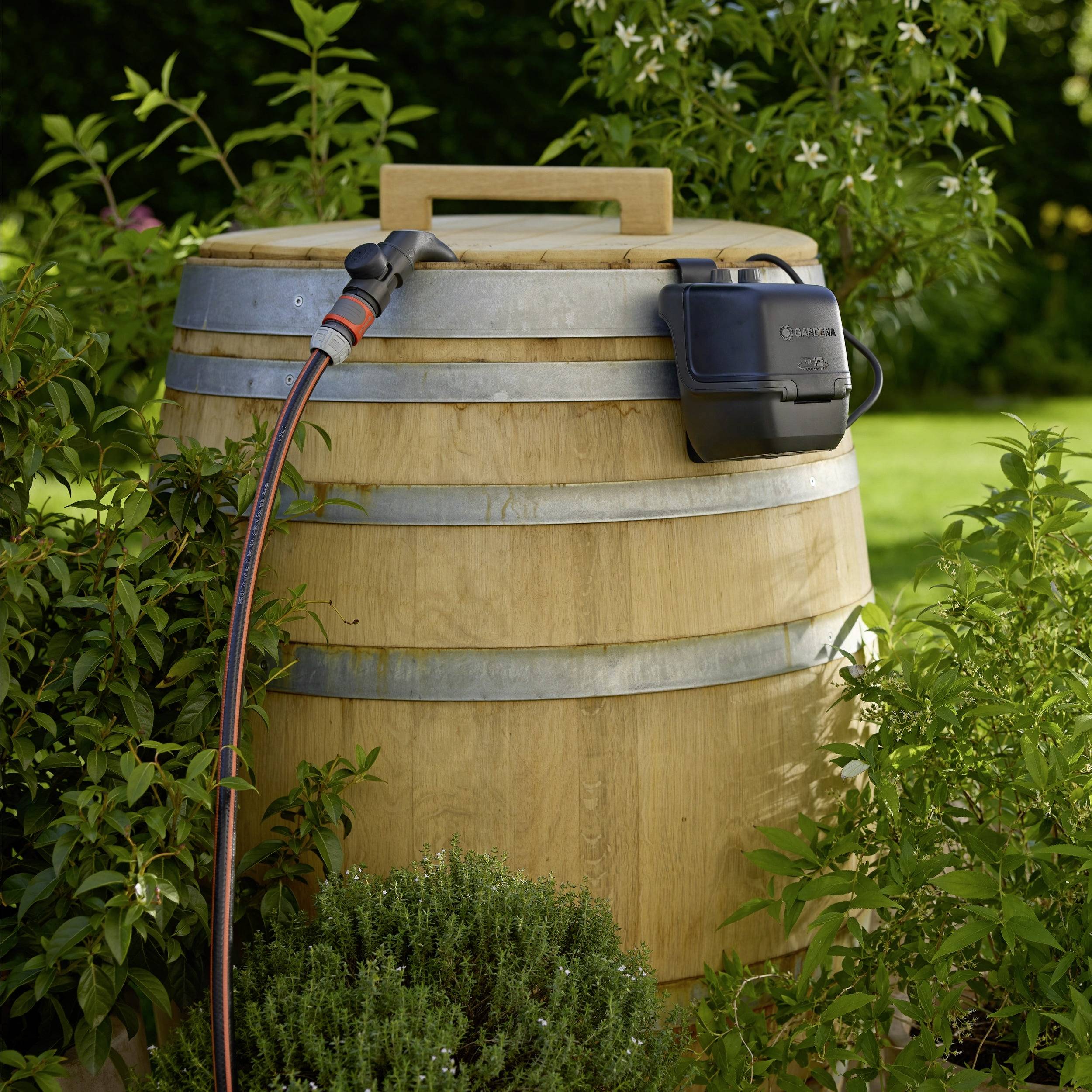 A wooden rain barrel with a hose attached is placed in a garden surrounded by greenery, used for collecting rainwater.