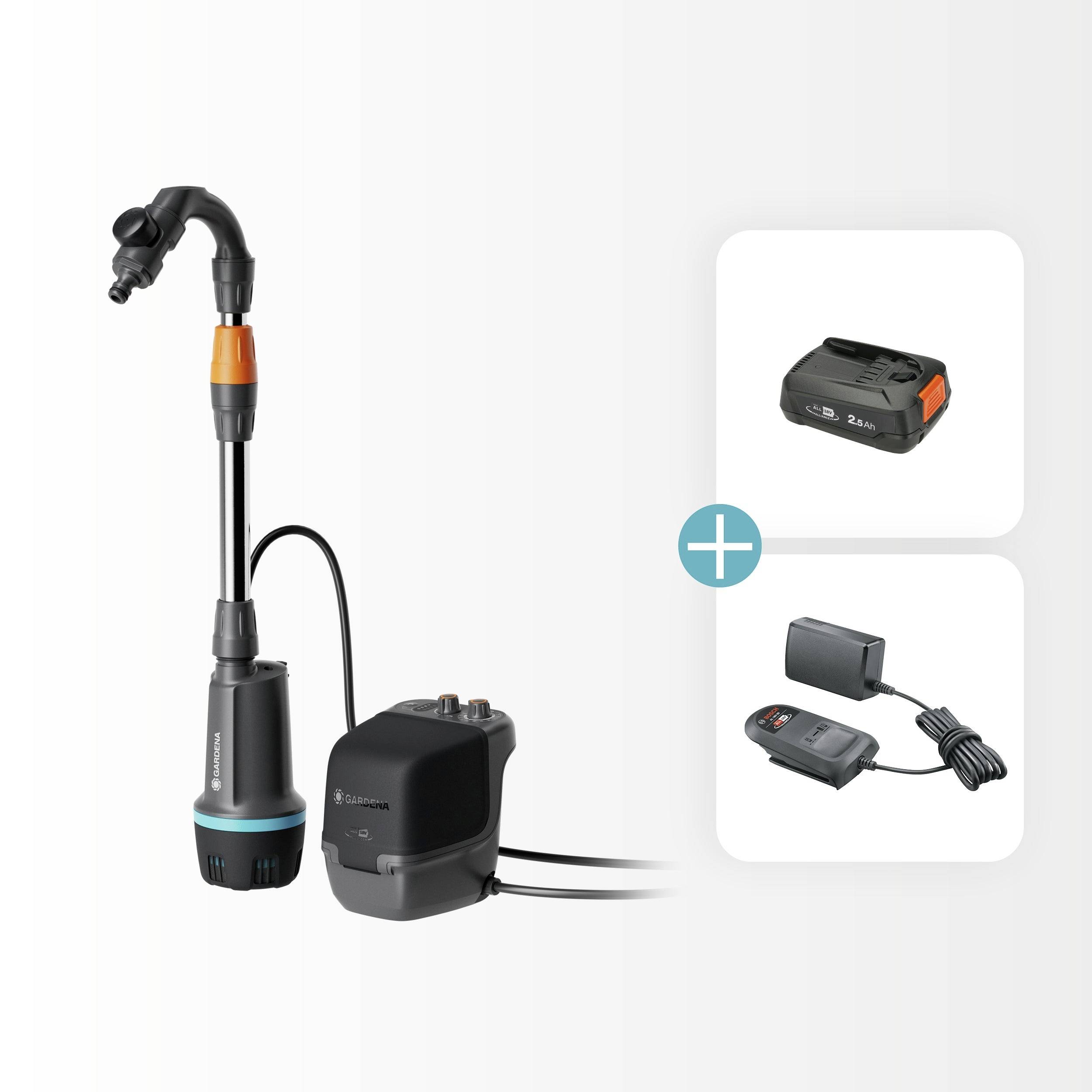Water pump system with black and orange nozzle, battery pack, and charger. Image shows components: pump, battery, and charger.