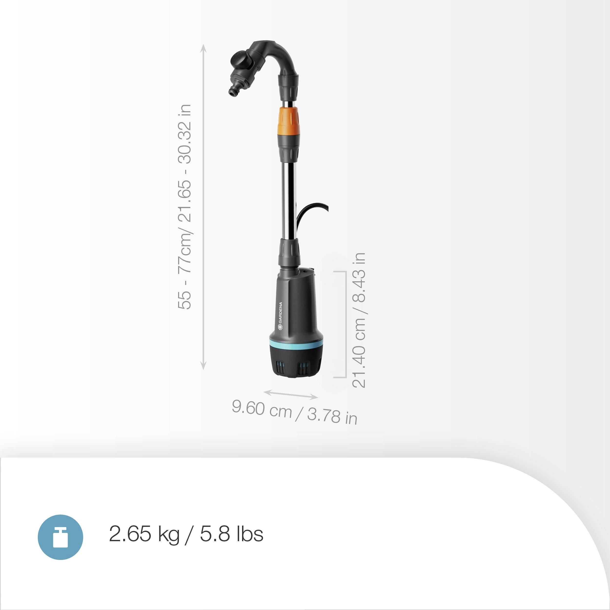 'A lightweight (2.65 kg/5.8 lbs) adjustable device measuring 55-77 cm (21.65-30.32 in) in height and 9.60 cm (3.78 in) in width.'