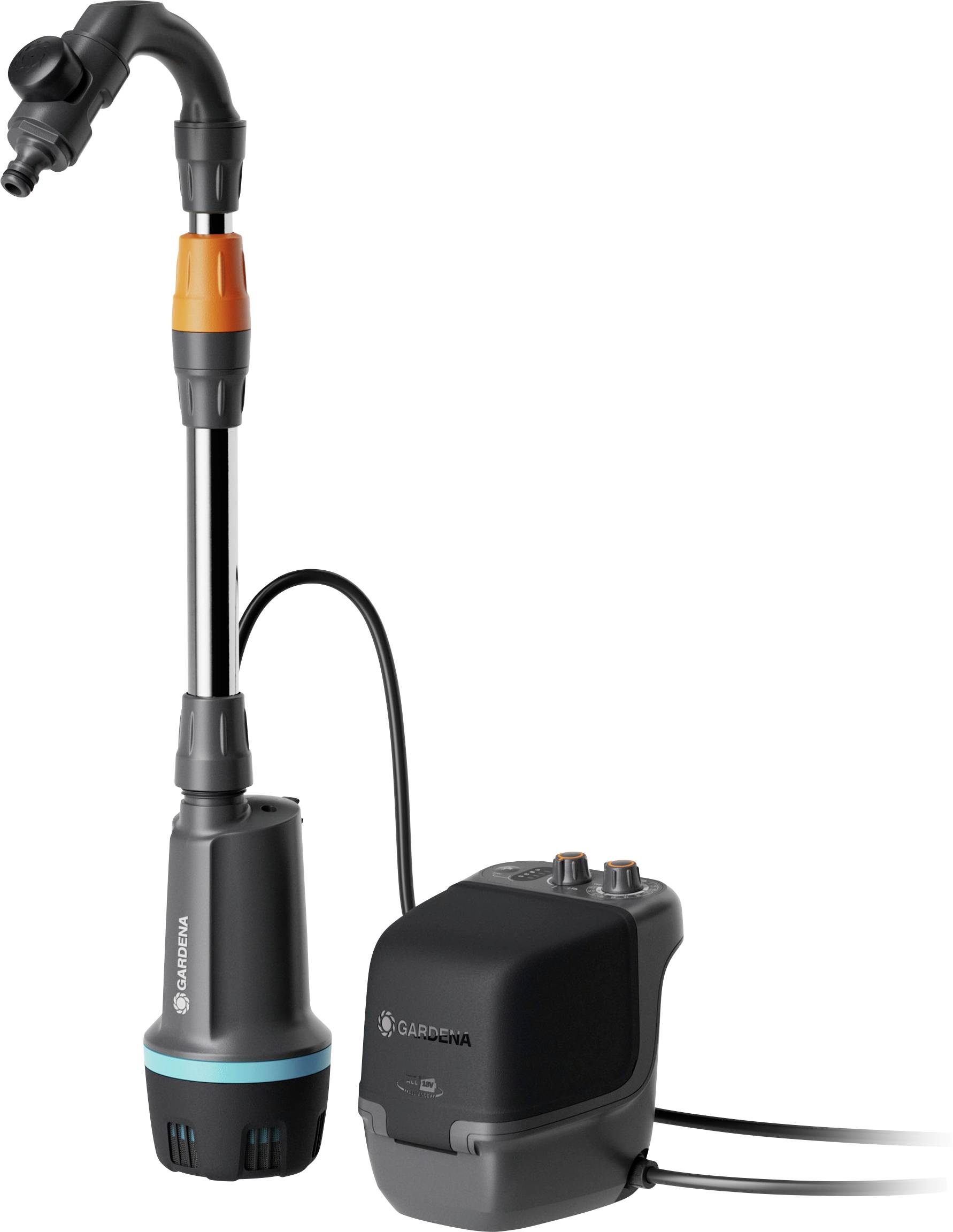 'Gardena' branded garden water pump with adjustable hose attachment, featuring an orange nozzle, blue detailing, and electronic control unit.