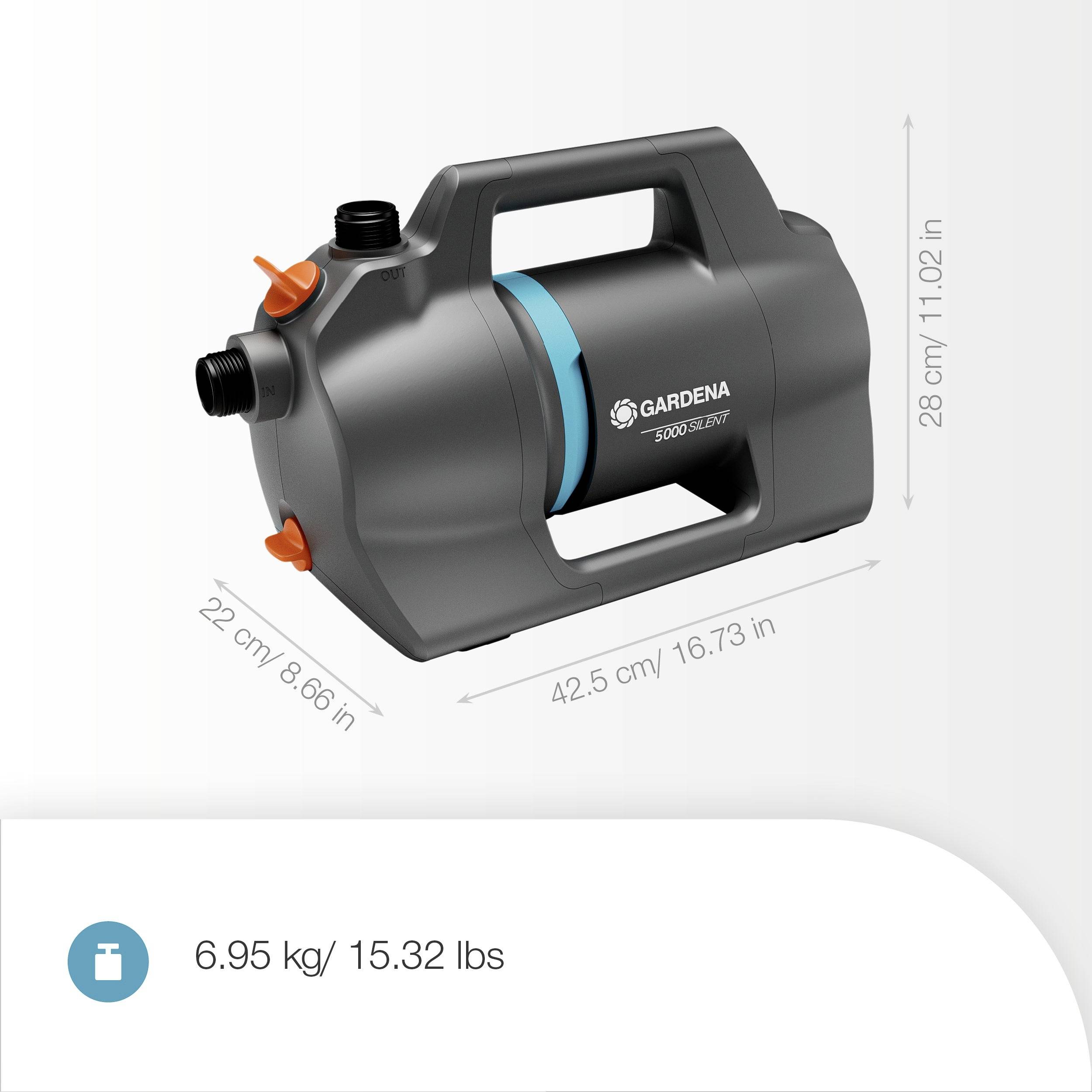 A black Gardena garden pump, model 3600 Silent, with dimensions labeled: 42.5 cm long, 22 cm wide, 28 cm high. Weight: 6.95 kg.