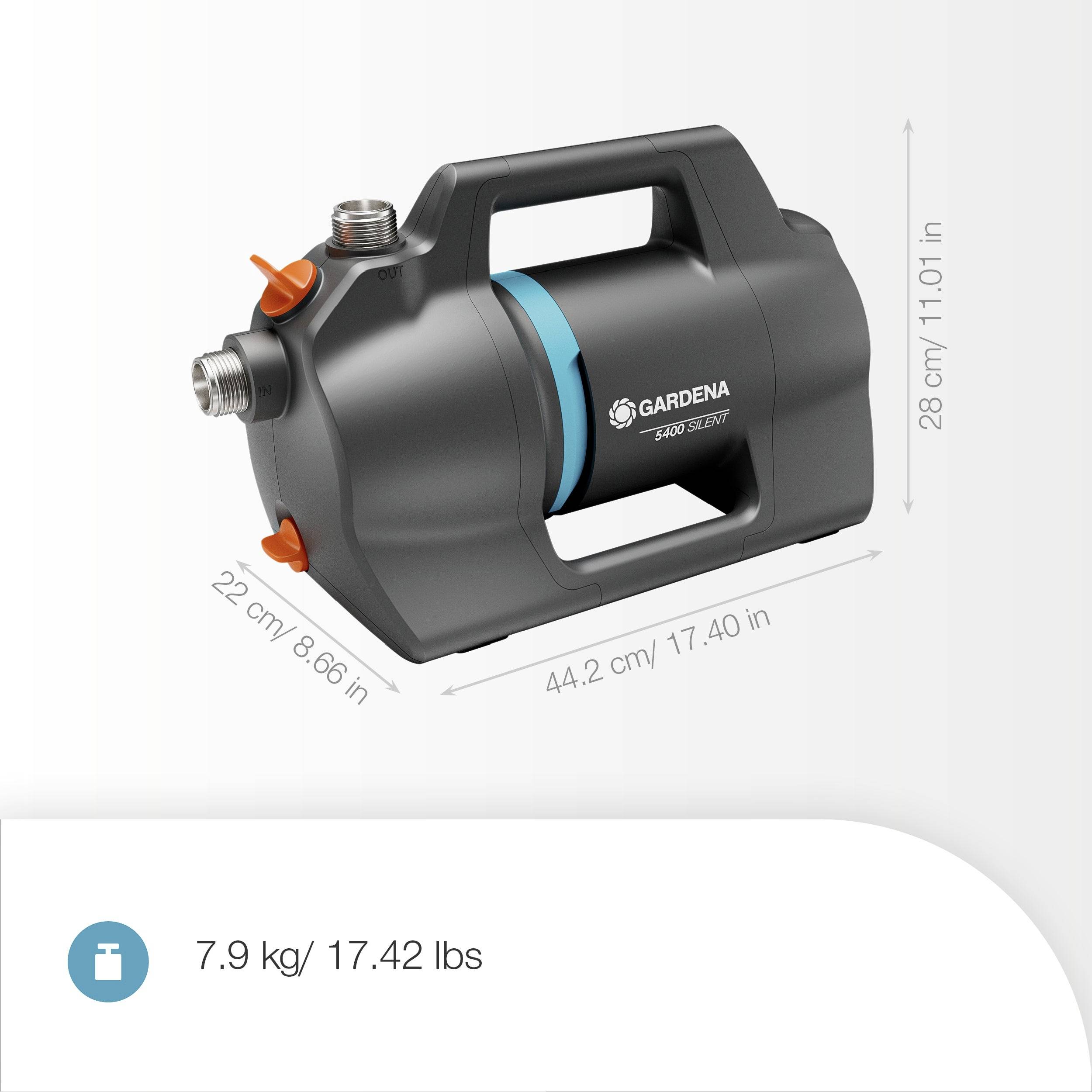 'Gardena 3400 Silent' garden pump with dimensions: 44.2 cm (17.40 in) length, 22 cm (8.66 in) width, 28 cm (11.01 in) height, and weight 7.9 kg (17.42 lbs).