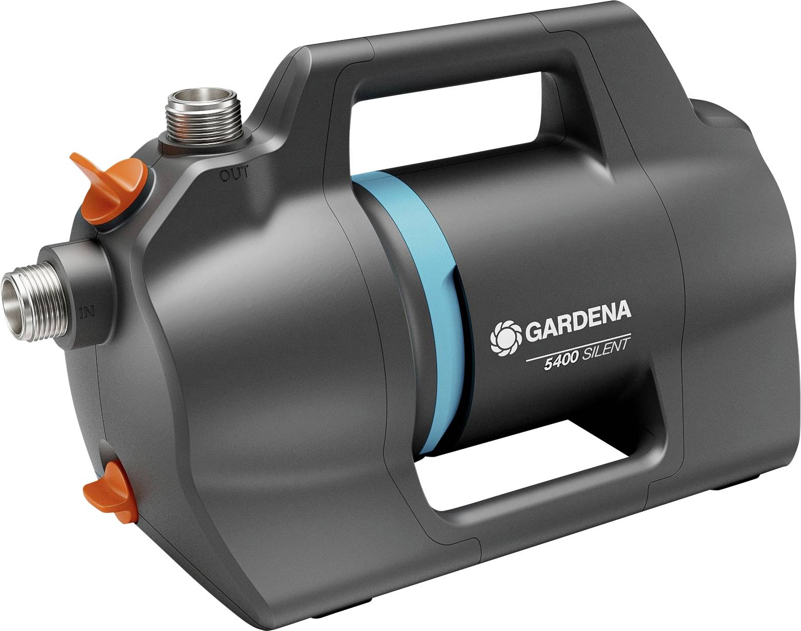 Irrigation pump with robust casing and integrated handle. Brand name 'Gardena 5400 Silent' on the side.