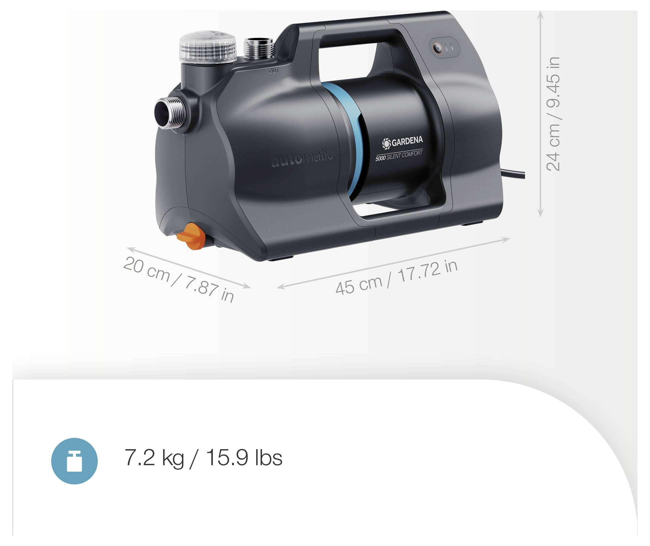 'GARDENA Pressure Tank' is a compact black pump, measuring 24 cm tall, 45 cm wide, and 20 cm deep, weighing 7.2 kg (15.9 lbs).