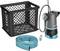 'Gardena' submersible pump set includes a black crate, blue hose, and metal clamp, designed for efficient water drainage.