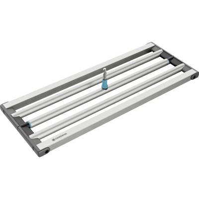 Rectangular oscillating sprinkler with a central blue attachment fitting, designed for even water distribution over large garden areas.