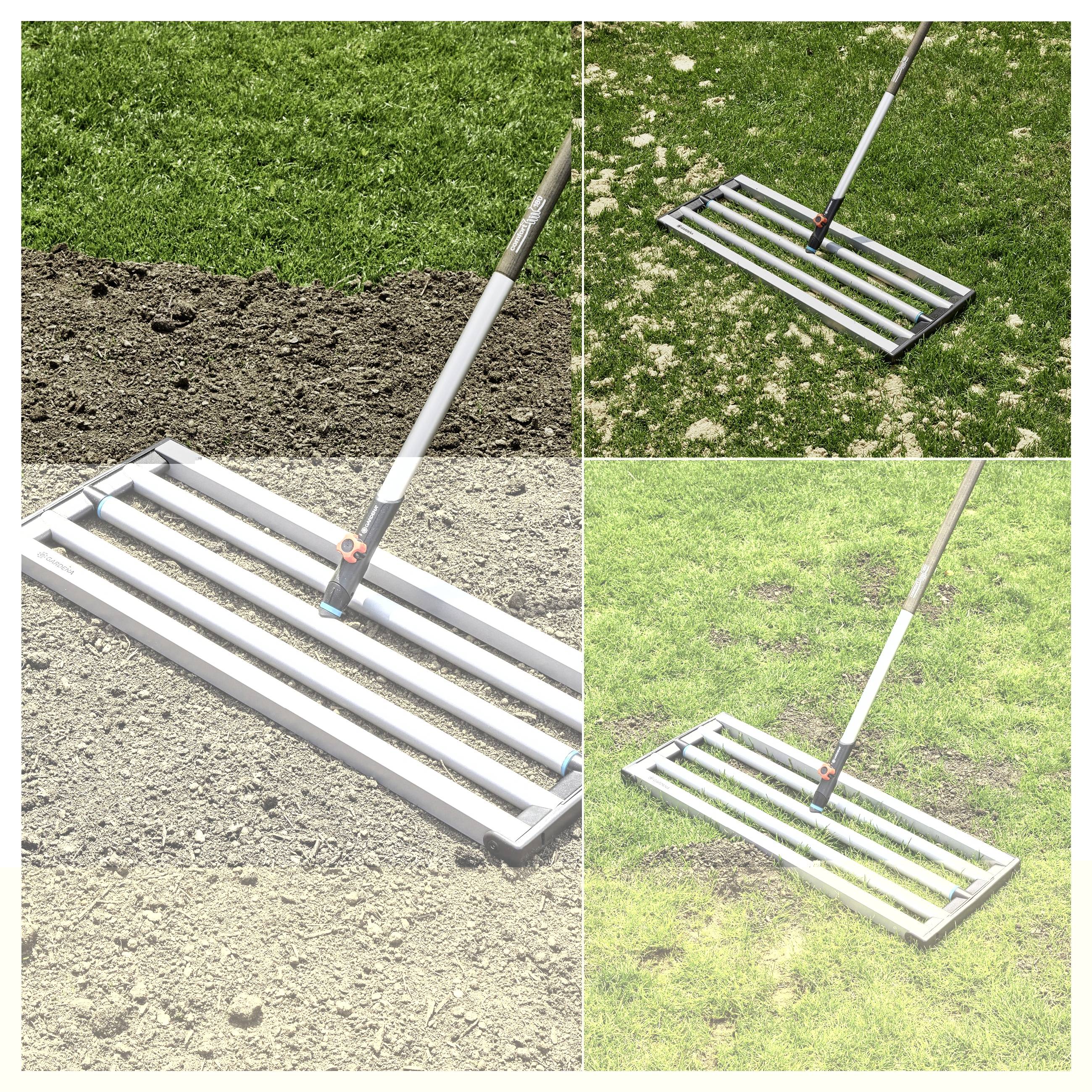 A lawn leveling rake is used on grass and soil in a series of three images, illustrating its application for even surface maintenance.