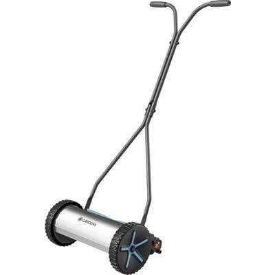 A manual push lawn mower with a cylindrical blade, black handle, and two large wheels, designed for lawn maintenance.