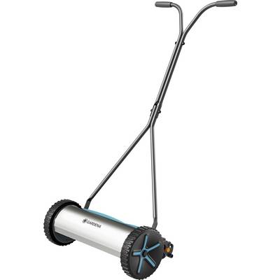 A manual lawn mower with a cylindrical cutting reel, two black wheels, and a simple metal handle. Suitable for small lawns.