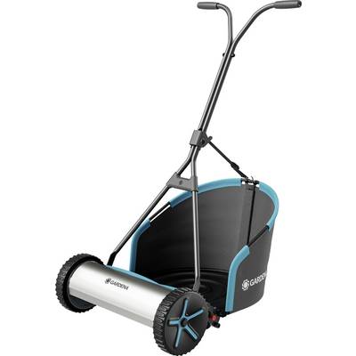 Push lawn mower with a curved handle, large wheels, and a grass collection bin attached. It is branded 'Gardena'.