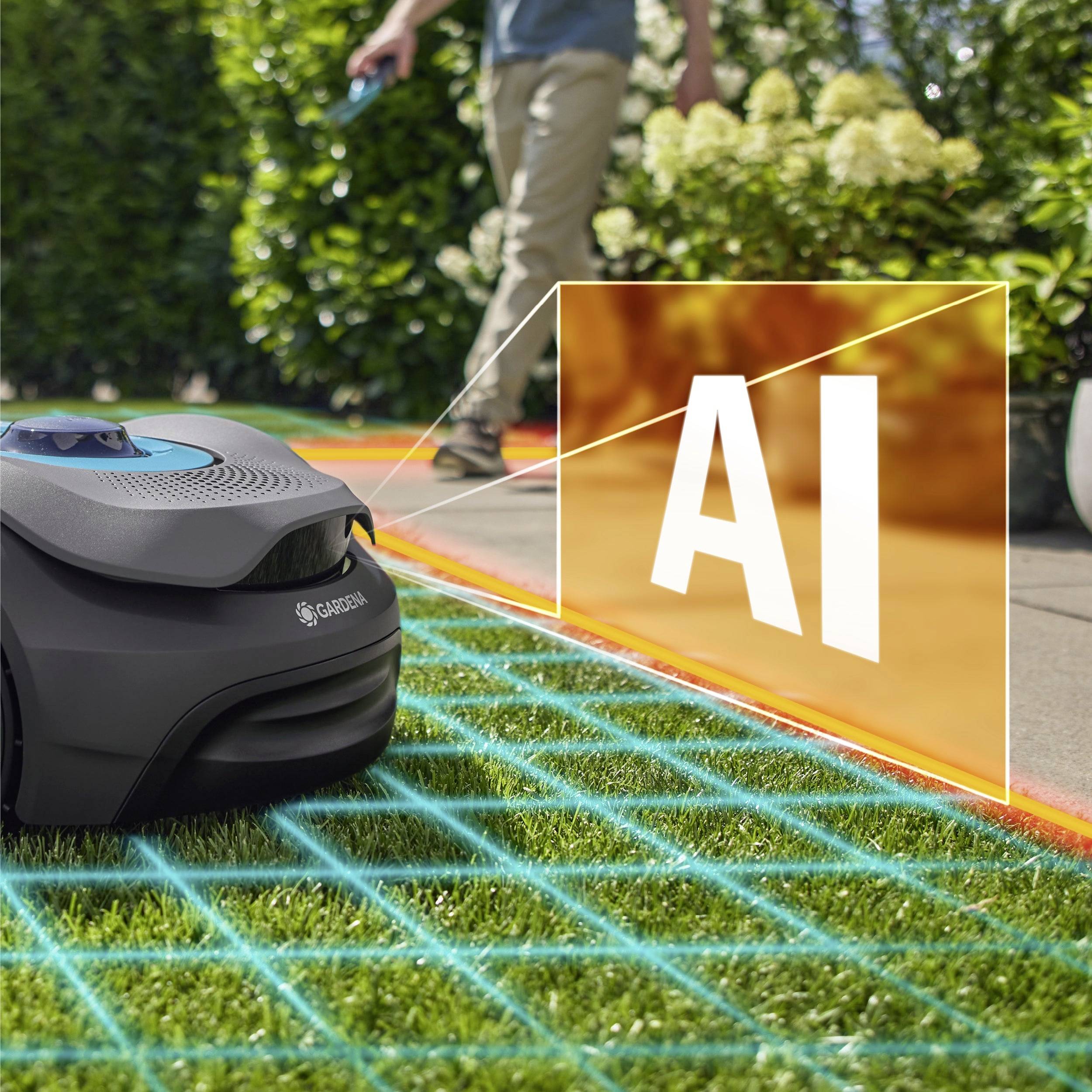 A robotic lawnmower navigates a yard with AI technology, avoiding obstacles. A grid overlays grass, highlighting its path planning feature.