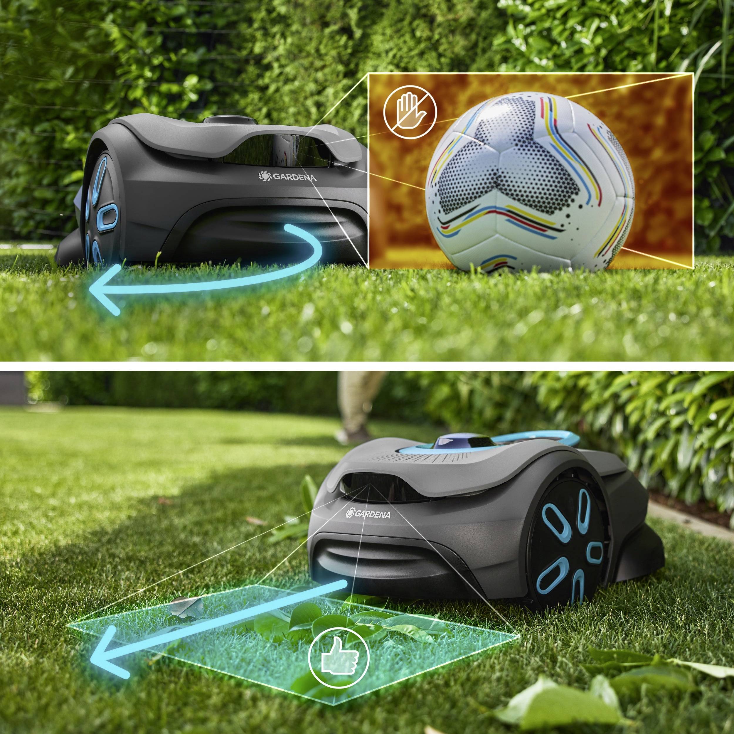 A robotic lawnmower stops when detecting a soccer ball, illustrating its ability to avoid obstacles and continue mowing safely.