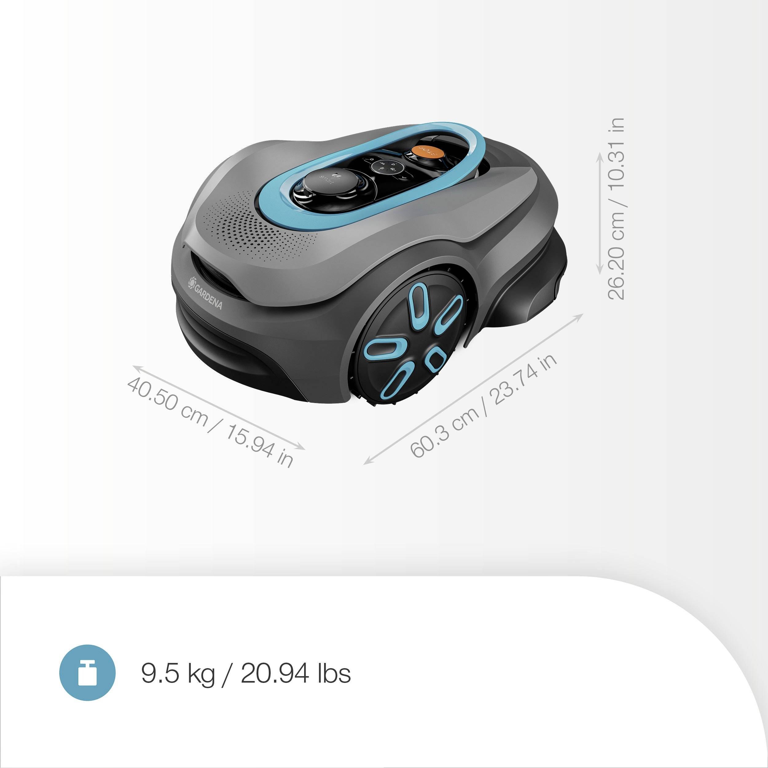 'Robot lawn mower in gray and blue, dimensions: 60.3 cm width, 40.5 cm height, 26.2 cm depth. Weight: 9.5 kg / 20.94 lbs.'
