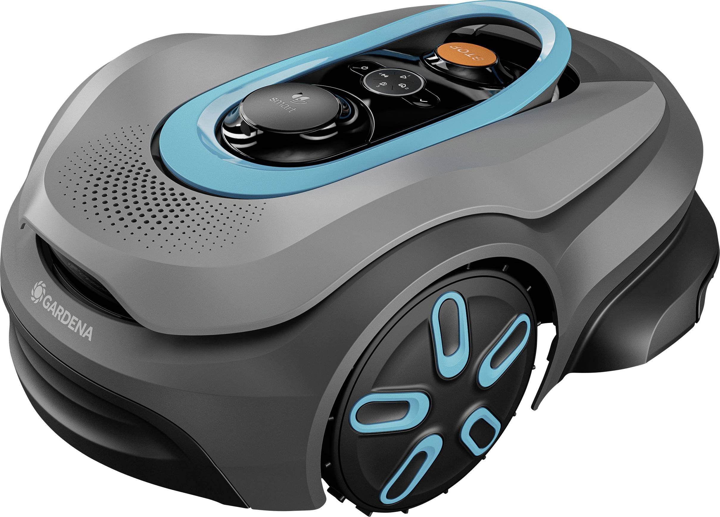A robotic lawn mower with a sleek gray and turquoise design, highlighting its wheels and control panel.