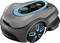 A robotic lawn mower with a sleek gray and turquoise design, highlighting its wheels and control panel.