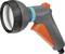 A gray and orange garden hose spray nozzle with a round, perforated head for water flow control and an ergonomic grip handle.