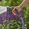 A hand holding a garden hose with a spray nozzle, watering purple flowers in a garden setting.