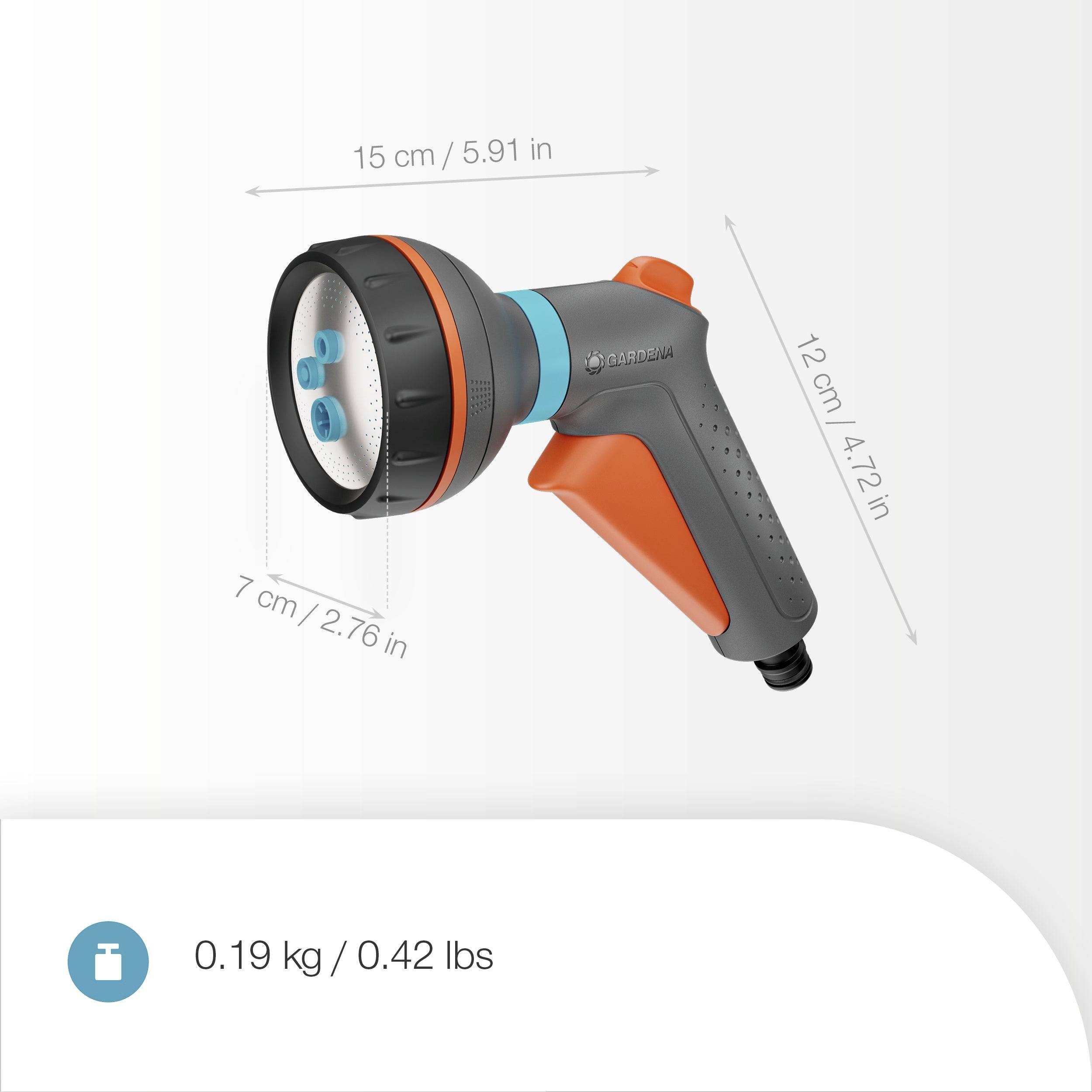 'Garden spray nozzle with ergonomic orange handle. Dimensions: 15 cm length, 7 cm width, 12 cm height. Weighs 0.19 kg (0.42 lbs).'