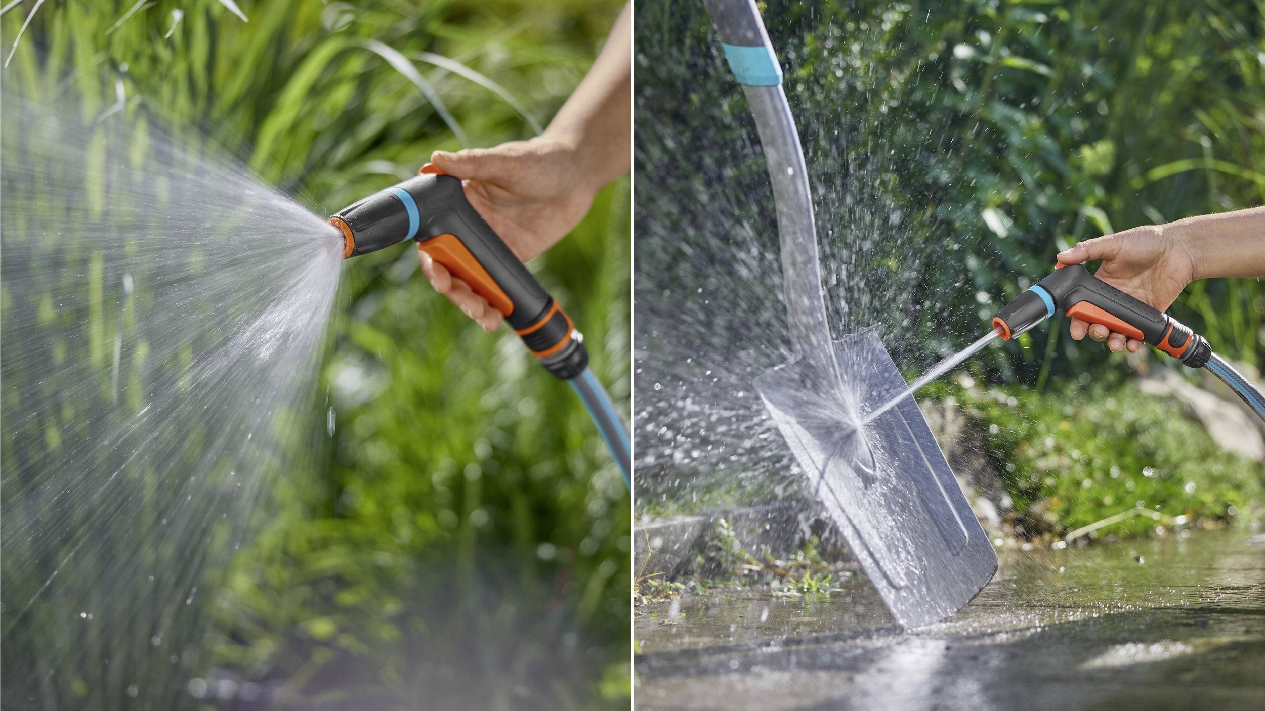 'A two-image collage shows a hand holding a garden hose with a spray nozzle. Left: spraying plants; Right: cleaning a spade with water.'