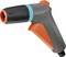 A gray and orange handheld garden hose nozzle, labeled 'Gardena', designed for watering plants, with an ergonomic grip and adjustable spray settings.