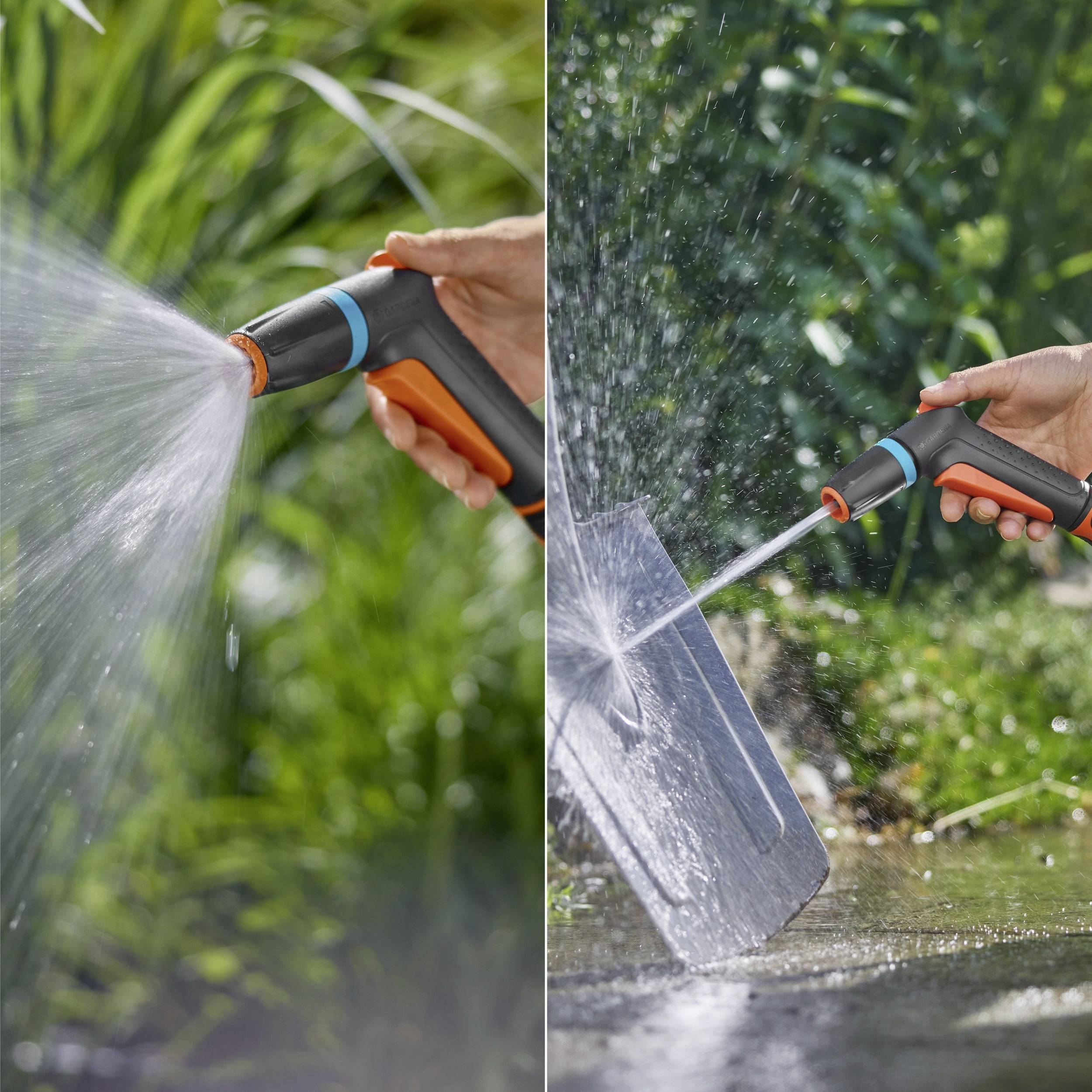 A person waters plants with a garden hose spray nozzle, showing two settings: a wide mist for plants and a focused stream for cleaning surfaces.