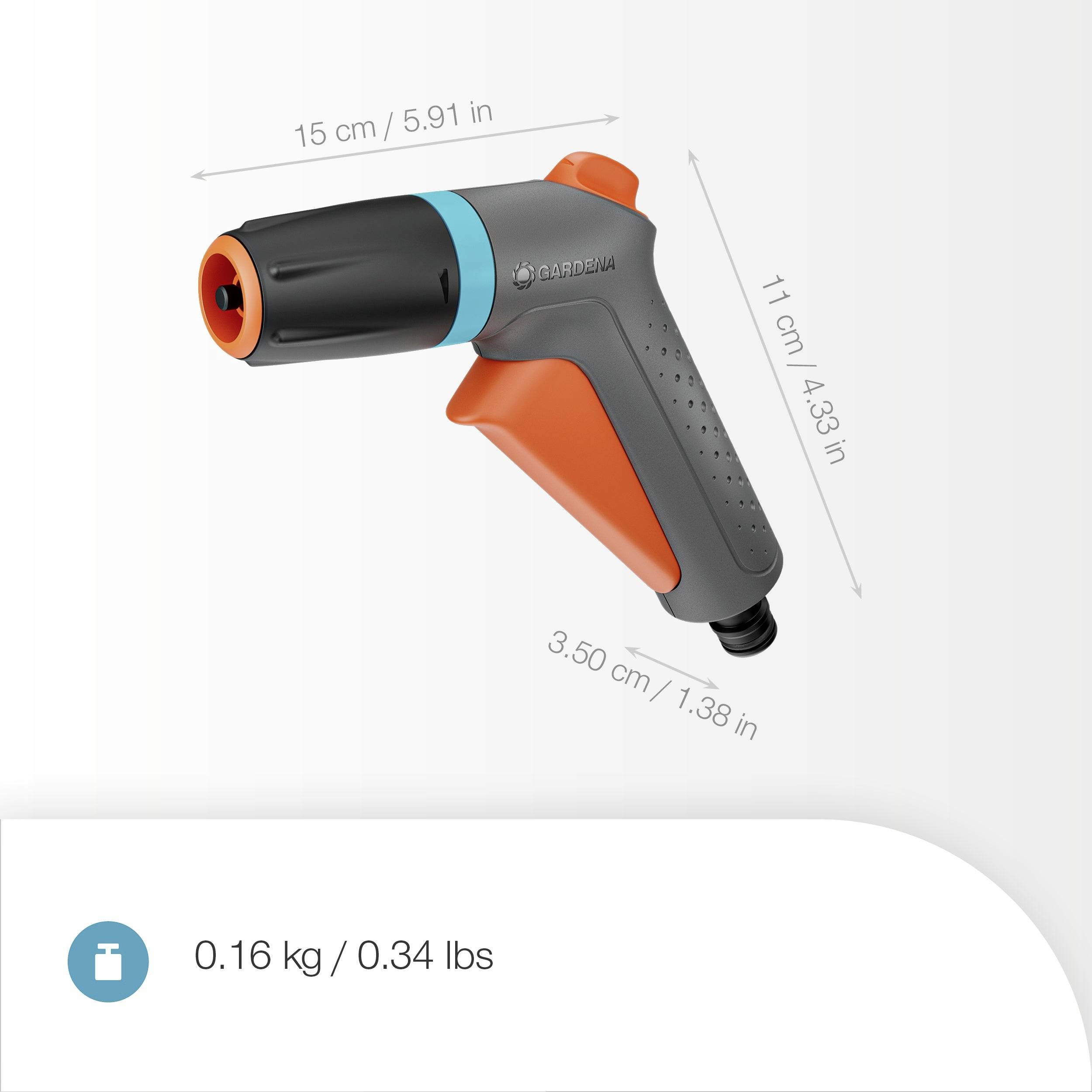 A gray and orange handheld hose nozzle with specific dimensions: 15 cm long, 11 cm tall, and 3.5 cm wide, weighing 0.16 kg.