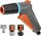 'Gardena garden hose nozzle set' showing a gray and orange ergonomic spray nozzle with three interchangeable connectors for watering tasks.