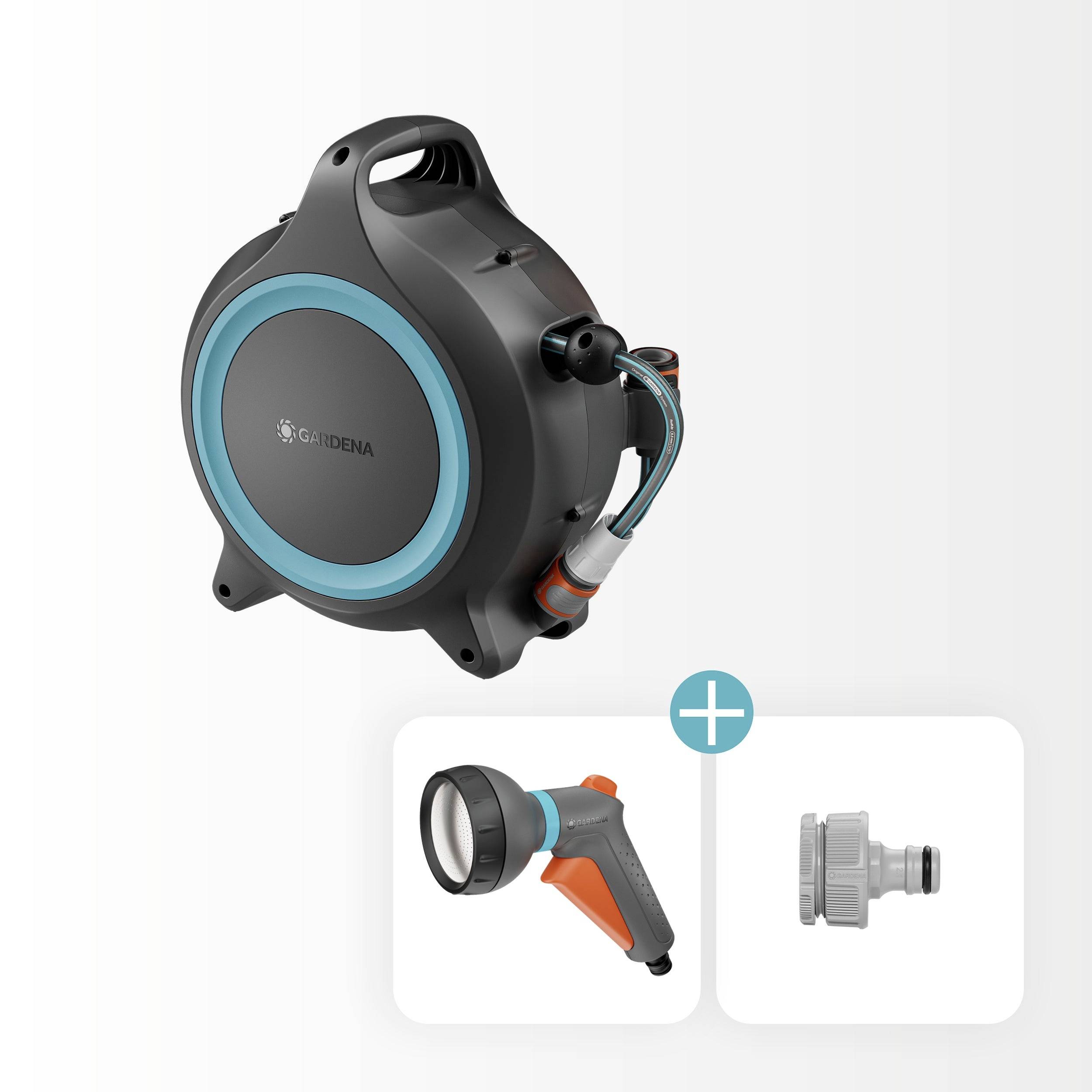 Wall-mounted retractable garden hose reel with included nozzle and connector.