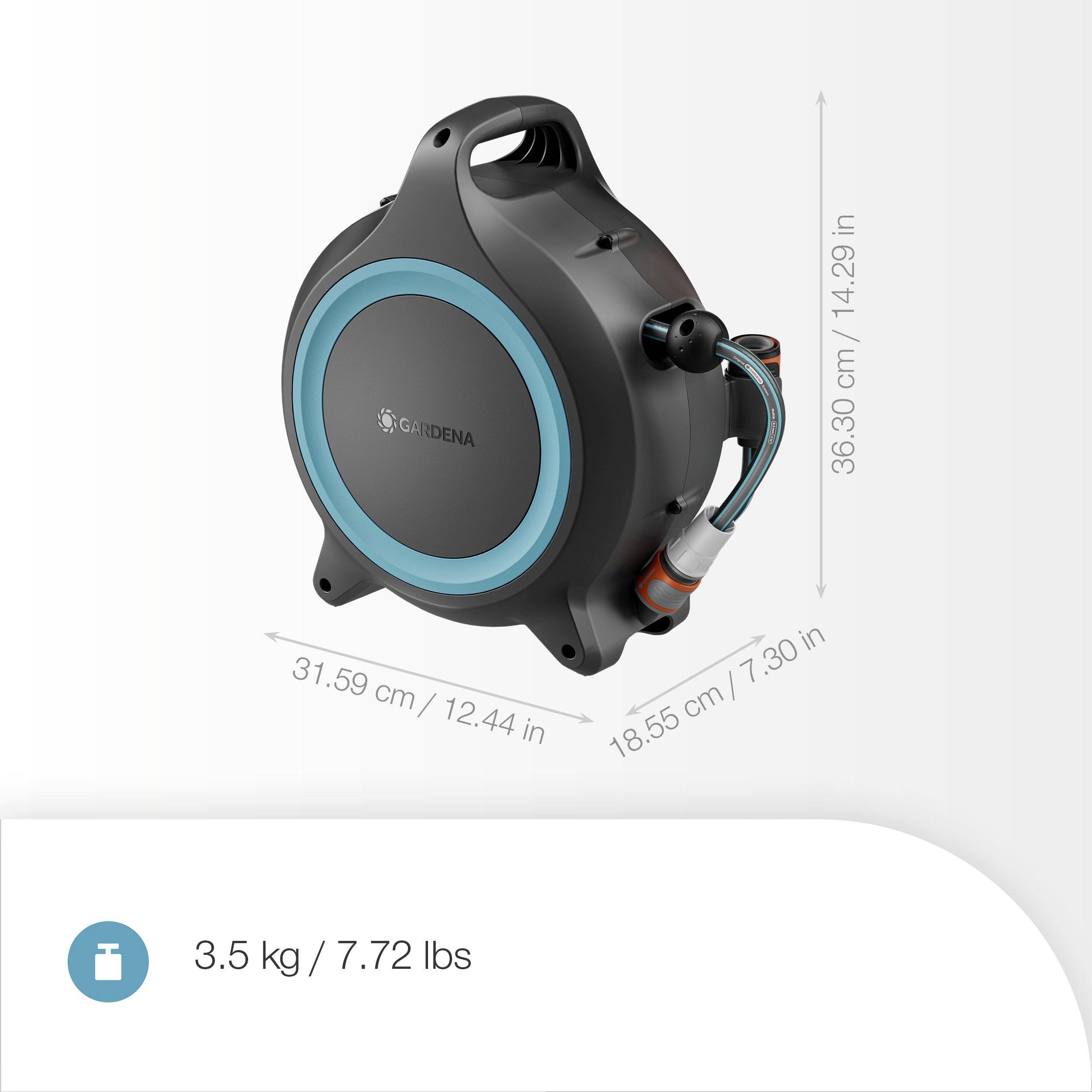 'GARDENA' wall-mounted retractable hose reel, black with blue trim, dimensions: 31.59cm x 18.85cm x 36.30cm, weight: 3.5kg.