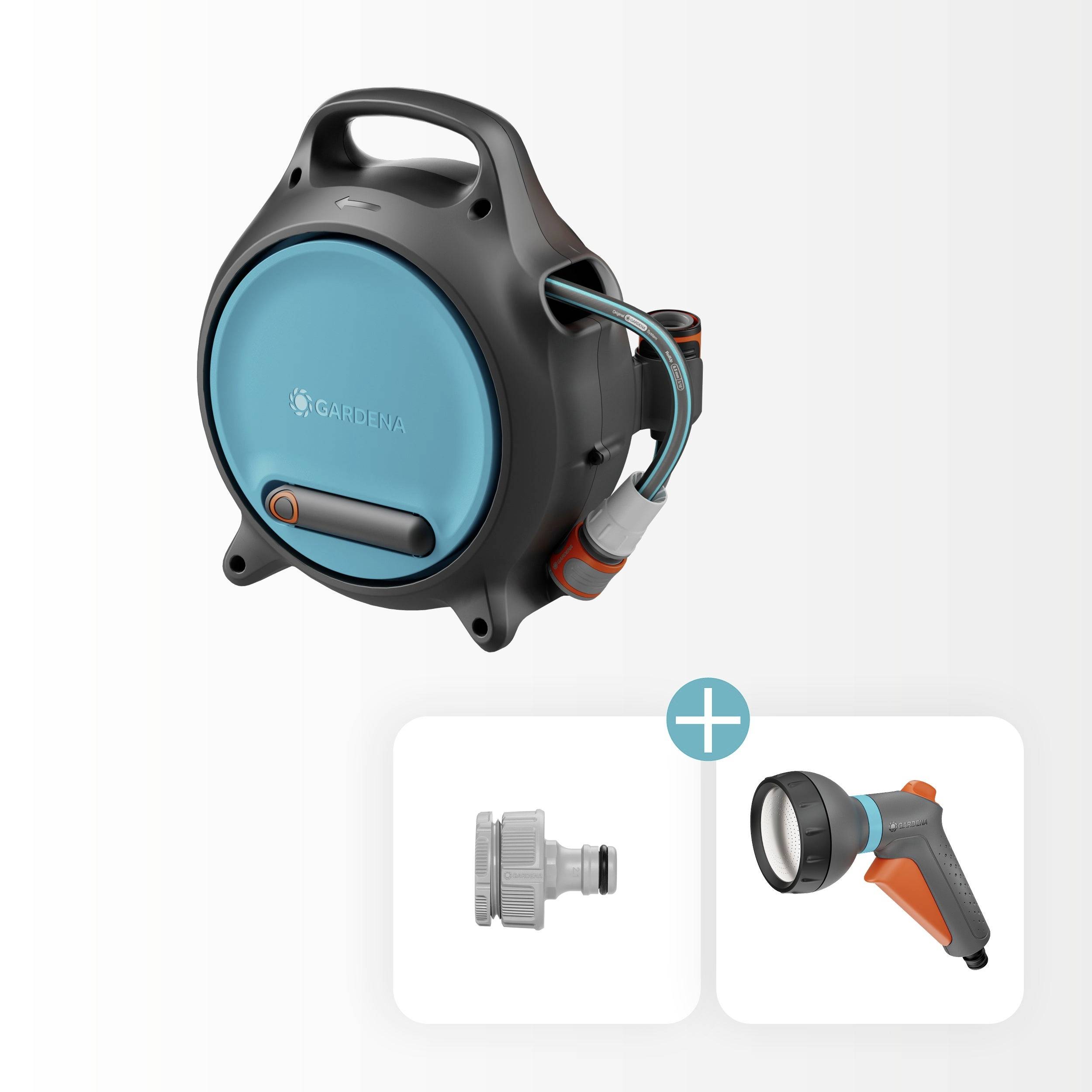A black and turquoise garden hose reel is shown along with two attachments: a nozzle and a connector, indicating additional functionalities.