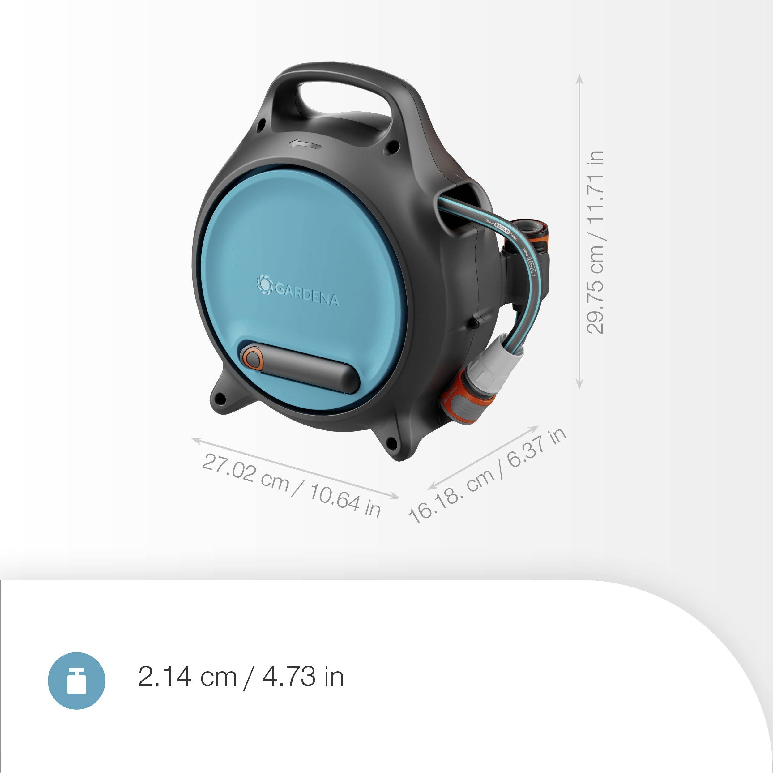 'Smart Hose Box' with dimensions: 29.75 cm (11.71 in) height, 27.02 cm (10.64 in) width, 16.18 cm (6.37 in) depth, 2.14 cm (4.73 in) hose.