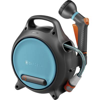 Portable garden hose reel with a retractable hose and spray nozzle, featuring a handle for easy carrying.