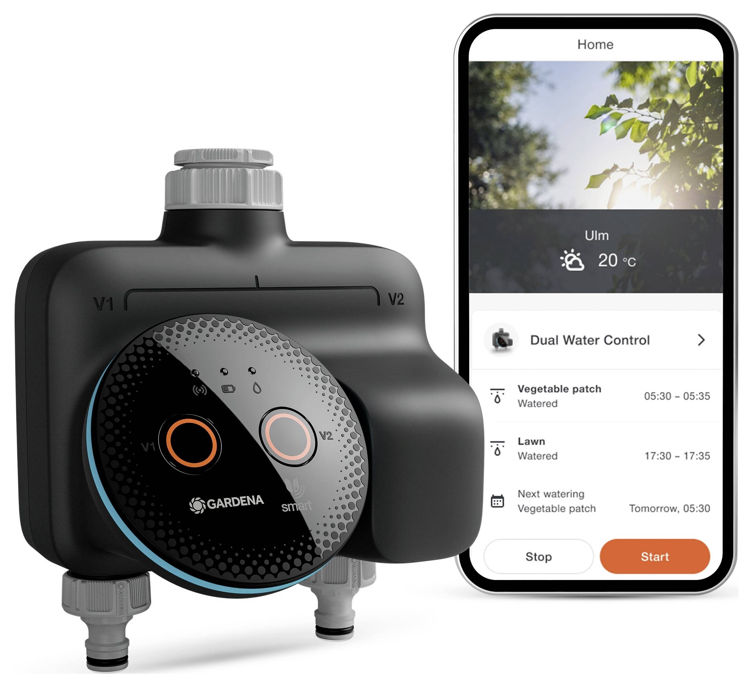 'Irrigation system controller with dual outlet' alongside 'smartphone displaying app interface for monitoring and scheduling plant watering'.