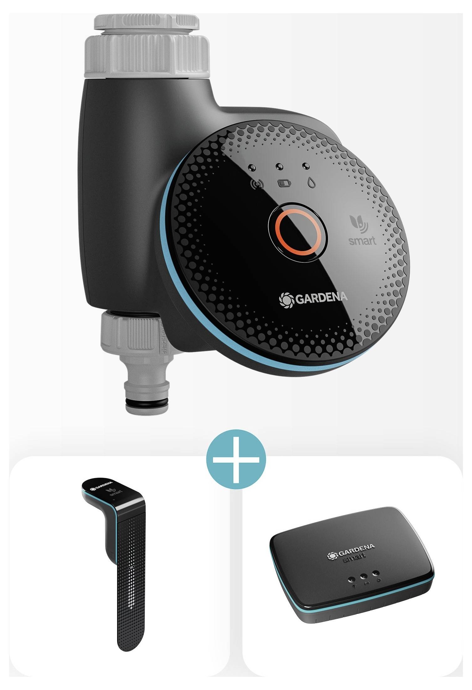 'Smart Irrigation Control System' showing a water timer, moisture sensor, and hub for wireless garden management.