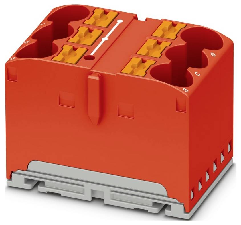A red modular terminal block with orange lever connectors and a grey base used for securing and organizing electrical wiring.