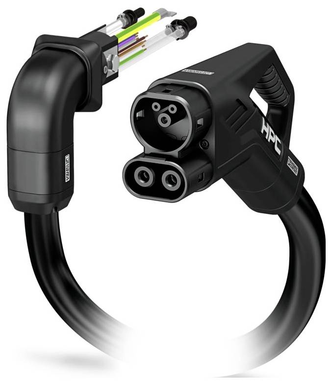 'Image of an electric vehicle charging plug with visible internal wiring, showcasing a modern design for high-power charging.'