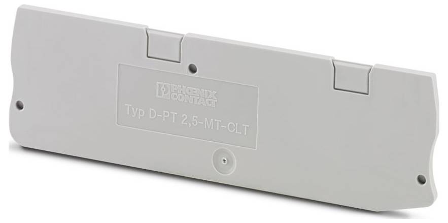A gray Phoenix Contact terminal block end cover with the label 'Typ D-PT 2,5-MT-CLT' embossed on it.