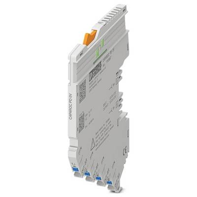 Din rail-mounted surge protection device with orange release button and connectors, designed to protect electrical systems from voltage spikes.